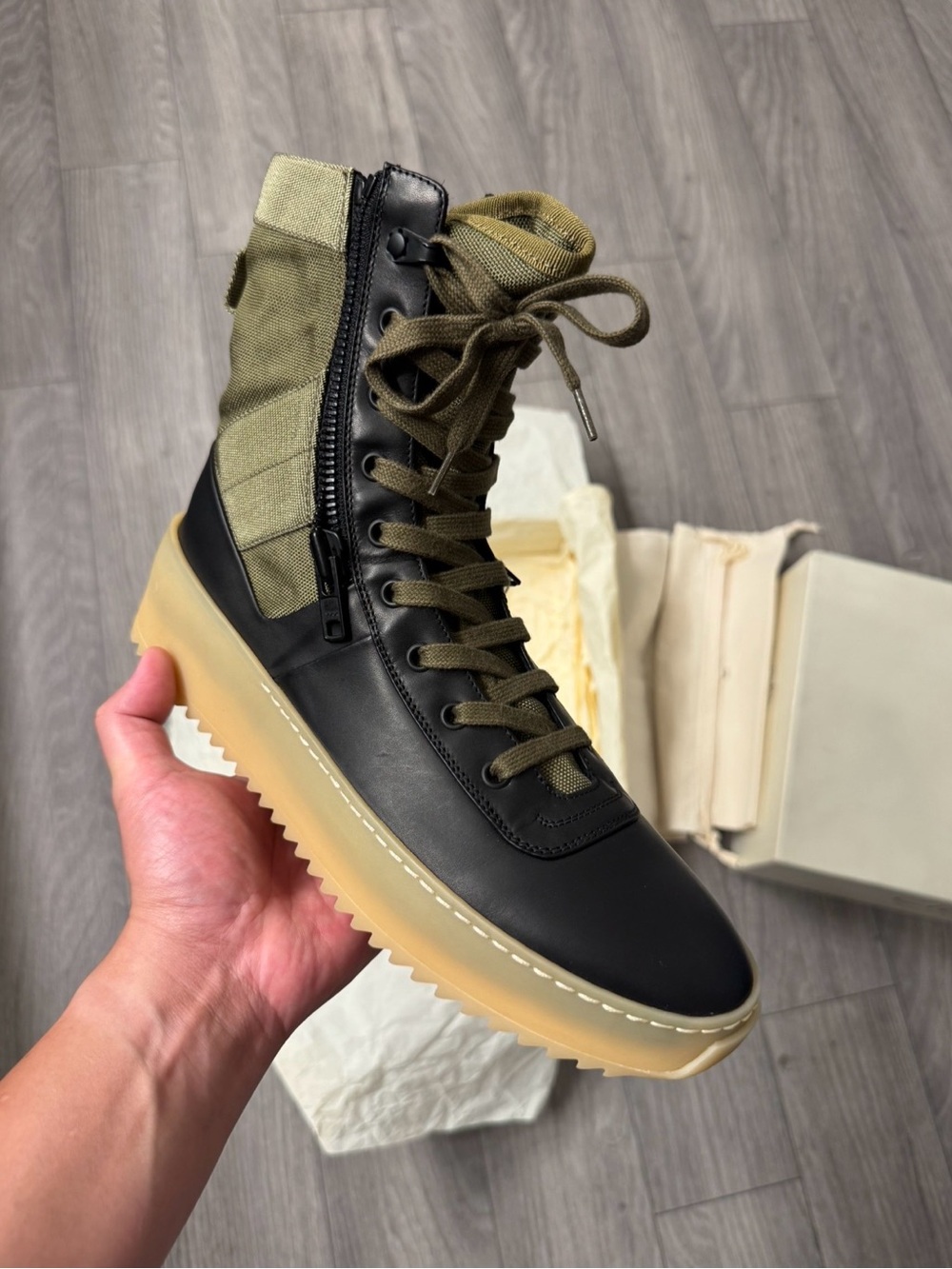 Fear of God Men's High-Top Boot in Black and Olive with Gum Sole